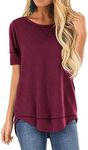 HIYIYEZI Summer Tops for Women Short Sleeve Side Split Casual Loose Tunic Top, A-04 Wine Red, Large