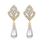 EVER FAITH Gold-Tone Austrian Crystal Cream Simulated Pearl Flower Bud Clip-on Dangle Earrings Clear