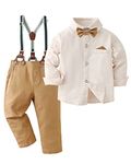 DISAUR Baby Boy Clothes Suits, Toddler Dress Shirt With Bowtie + Suspender Pants Outfit Sets Gentleman Wedding 1-6 Years (Beige,4-5 years)