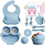 Baby Led Weaning Supplies, Silicone Baby Feeding Set - Baby Bowls and Plates with Suction, Toddler Spoons and Fork, Toddler Cups with Replaceable Lids (Blue)