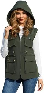 PESION Women's Lightweight Windbreaker Vest Softshell Sleeveless Jacket Windproof Stand Collar with Removable Hood Running Hiking Golf, Army Green, 3X-Large