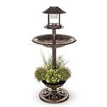 Petlicity Bird Bath and Feeder Station in Ornamental Brass Effect with Planter and Solar Powered Light for Outdoor Garden