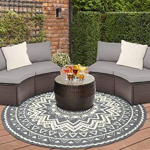 Liveinu Round Outdoor Rugs for Patio Clearance Reversible Mats,Waterproof Mat,Plastic Straw Rug for Rv,Camping,Deck,Porch,Camper,Balcony, Light Gray & Beige, 6'x6'