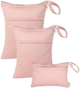 ALVA ALVABABY 3pcs Baby Cloth Diaper Wet/Dry Bags|Waterproof Reusable with Two Pockets|Travel, Beach, Pool, Daycare, Soiled Baby Items,Yoga，Gym Bag for Swimsuits or Wet Clothes Pink