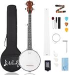 Mulucky 5 String Banjo Mini - 26 Inch Travel Banjo Sapele Body Closed Solid Back Beginner Kit With Gig Bag Picks Strings Strap - B806