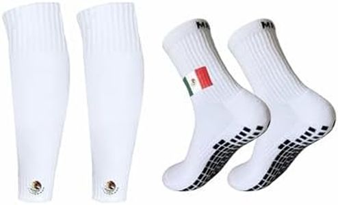 PHYZNIX Mexico Style Soccer Grip Socks Set for Men, 2-in-1 Non Slip Football Socks with Shin Guard Sleeves, Anti Slip Futbol Socks for Training & Matches (MEX White Socks & Sock Sleeves)