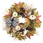 Valery Madelyn 18 inch Autumn Wreath for Front Door, Fall Wreath Decorations with Green Pumpkin, Berry Clusters, Pine Cone, Eucalyptus Leaves and Bow Knot for Indoor Home Wall Halloween Decor