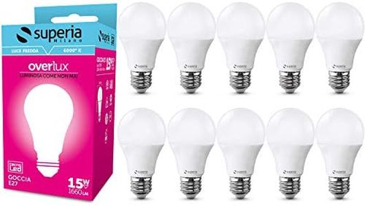 Superia Lampadina LED E27 Goccia, 15W (Equivalenti 85W), Luce Fredda 6000K RA80, Luminosa 1660 lumen, copertura opale A60, Attacco edison, Risparmio Energetico, OP15F Pacco da 10