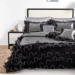 Tache Black Silver Ruffled Comforter - Luxury Embellished Sequin Organza Cascade Ruffle Satin Bedding Set, California King