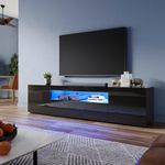 ELEGANT 200cm LED TV Unit Black Gloss Modern TV Stand Cabinet with Ambient RGB Lights for 50 52 55 60 65 75 85 inch 4k TV Living Room and Bedroom Furniture with Storages and Shelves