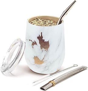 BALIBETOV Modern Mate Cup And Bombilla Set (Yerba Mate Cup) -Yerba Mate Set includes Double Walled 18/8 Stainless Steel Mate Tea Cup, Two Bombilla Mate (Straw) and a Cleaning Brush (Gold Marble, 12)