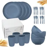 Wheat Straw Dinnerware Sets for 4 - KFT Lightweight & Unbreakable Dishes Microwave & Dishwasher Safe Perfect for Camping, Picnic, RV, Dorm Plates, Cups and Bowls (Blue, 24pc)