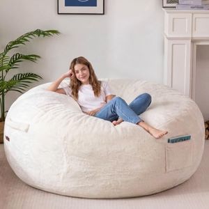 MAXYOYO Bean Bag Chair for Adluts, Soft Plush Faux Fur Bean Bag Sofa with Supportive Foam Filling, Floor Sofa Seat with Side Pocket and Washable Cover, Beige, 5FT