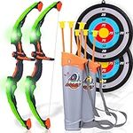 Fstop Labs 2 Pack Kids Bow and Arrow with Bow Target, Suction Cup Toys Arrows and Quiver, LED Light Up Kids Archery Set Toy for Boys and Girls Indoor and Outdoor Garden Fun Game