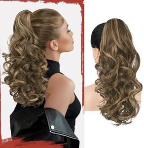 Sofeiyan Ponytail Extension Long Curly Ponytail 17 inch Claw Clip in Hair Extension Fake Pony Tail Natural Looking Synthetic Hairpiece for Women - Honey Blonde Mixed Light Brown