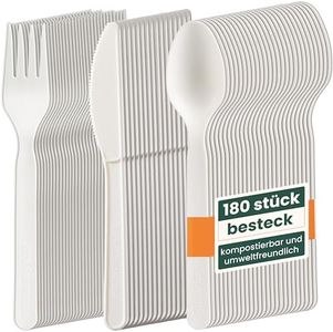HAAGO 180-tlg. Besteck-Set Bioplastik Biologisch Abbaubar Kompostierbar (60x Messer, 60x Gabeln, 60x Löffel, Weiß) - Umweltfreundlich Ideal für Catering & Hochzeiten