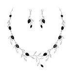 Ever Faith Party Jewelry Set for Women, Sparkly Cubic Zirconia Pear-Shaped Birthstone Leaf Necklace Earrings Set for Prom Black Silver-Tone