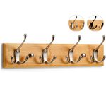 LARHN Wall-Mounted Coat Rack - 4 Matt-Nickel Triple Coat Hooks for Wall on Stylish Wooden Bamboo Base - 42 cm - All Fixings Included