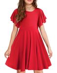 Arshiner Girls Dress Butterfly Sleeve Stretch A-Line Swing Skater Twirl School Dress with Pockets Red Tween 11-12 Y