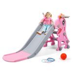 BFAZKXY Indoor Slide for Toddlers 1-3, Foldable Kids Toddler Indoor Slide Playset, Indoor and Outdoor Playground, Toddler Climber Playset with Basketball Hoop and Ring Toss(Pink)