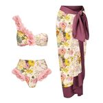 IBTOM CASTLE Women 3Pcs French Retro Swimsuit Floral Print Beach Bikini Tops High Cut Bottom with Cover up Wrap Skirt Sarong High Waisted Bathing Suit 3PCS 3D Flower S