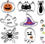 VEYLIN Halloween Cookie Cutter, 10 Piece Biscuit Cookie Cutter - Pumpkin, Bat, Ghost, Witches Hat, Stainless Steel Cutter