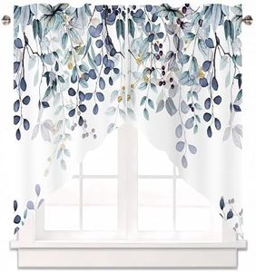 AYTTBIS Dark Blue Eucalyptus Swag Curtain Valance for Windows,Watercolor Leaves Window Treatments Short Swag Topper for Kitchen Windows Bathroom Bedroom,28 x 36 Inch, 1 Pair