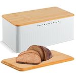 Hossejoy Metal Bread Box with Bamboo Cutting Board Lid, Bread Storage Container for Kitchen Countertop, Modern Bread Bin Holder Breadbox, Kitchen Decor Organizer (White)