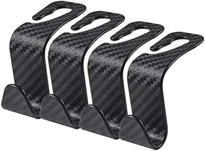 4 Pack Car Seat Headrest Hooks, Carbon Fiber Texture Purse Holder Storage Hook for Car Handbag Clothes Coats Grocery Bags, Black