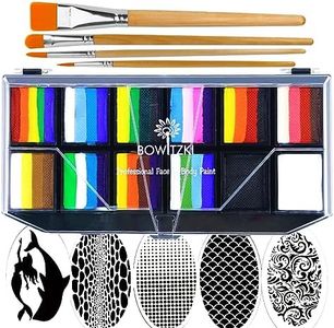Bowitzki Kit de peinture faciale professionnelle pour enfants et adultes 12 x 10 g avec pochoir One Stroke Split Cake non toxique Arc-en-ciel Flora Dolphin Licorne Flamme Maquillage de peinture