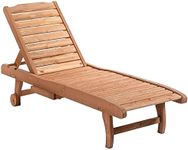 Outsunny Wooden Outdoor Lounge Chair, Adjustable Patio Outdoor Chaise Recliner Garden Furniture, Tanning Chair with Pull-out Tray and 2 Wheels, Brown