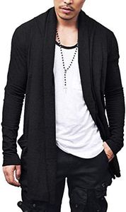 COOFANDY Mens Ruffle Shawl Collar Open Front Lightweight Long Length Drape Cape Overcoat Sweater with Pockets Black XX-Large