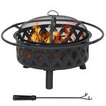 Sunnydaze Black Crossweave Steel Wood-Burning Outdoor Fire Pit - Includes Spark Screen, Poker, Grill, and Cover - 30-Inch Round