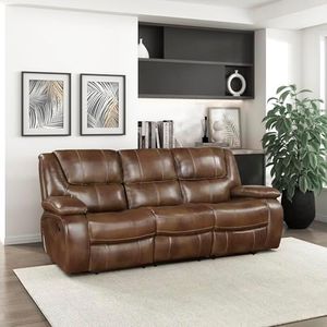Lexicon Manual Double Reclining Sofa - Top Grain Leather Match Manual Tab Pull Recliner Couch for Living Room, Wall Hugger, Pillow Top Arms, Padded Headrest, Foam Over Pocket Coils Seats, Brown