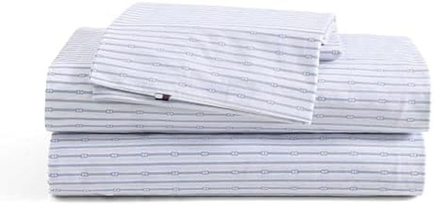 Tommy Hilfiger - Sheet Set, Cotton Percale Bedding with Matching Pillowcases, Crisp & Cool, Premium Quality Home Essentials (Monogram Stripe Blue, Queen)