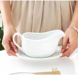 Miecux Gravy Boat wiht Tray, Ceramic Serving Saucer&Dish Dispenser for Sauces, Dressings and Creamer, Large Handle, Microwave and Dishwasher Safe, 15 oz (White)