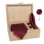 nu-Lite Men's Micro Polyester Dotted Necktie Set with Pocket Square, Brooch Pin and Cufflinks in Wooden Gifting Box (Maroon, Free Size)