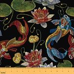 Feelyou Oriental Chinese Fabric by The Yard, Classic Embroidery Theme Upholstery Fabric for Chairs and Home DIY Projects, Koi Fish and Water Lily Decorative Waterproof Fabric, 3 Yards