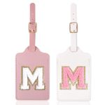 2 Pack Personalized Initial Luggage Tags for Suitcases with Chenille Letter, Cute Letter Luggage Tags,Monogrammed Luggage Tags for Baggage Bag Travel Gifts for Women Kids Teens(Pink+White_M)