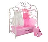 Badger Basket Toy Scrollwork Metal Doll Armoire with Storage, Dresses, and Accessories for 18 inch Dolls - White/Pink