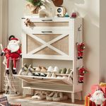 LEYAOYAO Shoe Storage Cabinet for Entryway with 2 Rattan Flip Drawers, Boho Narrow Shoe Cabinets for 16-20 Pairs Shoes with Large Drawers, Hidden Slim Shoe Rack with Wood Legs for Hallway, Off White