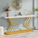 TIYASE Gold Console Table, 55 inch Modern Entryway Sofa Table Narrow Long, Large Faux Marble Wood Accent Table Foyer Table with Geometric Metal Frame, White/Gold