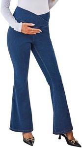 OUGES Womens Cotton Blend Stretchy V Cross High Waist Maternity Flare Jeans Bell Bottom Bootcut Jeans Pregnancy Must Haves Fall Clothes Trendy Denim Work Pants with Pockets 2025(Blue,S)