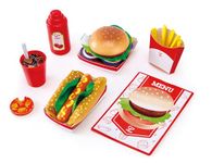 Hape E3160, Hot Fast Food Wooden Diner Take-Aways Toy Set, Classic American Meal For Pretend Play Includes Burger, Chips, Hotdogs and Soft Drink, colourful