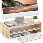 FITUEYES Computer Monitor Stand 16.7 inch 2 Tiers Laptop Riser with Storage Shelf Wooden Desk Organizer for Home Office Use (Oak)