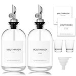 HomeFeel Mouthwash Dispenser for Bathroom, 12.7 oz, 2 Pack - Glass Mouthwash Bottle with 304 Stainless Steel Spout & Minimalist Labels, Style Mouthwash Container, Silver