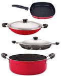 Nirlon Non-Stick Appachatti Appam Grill Pan Casserole Aluminium Cookware Set, 6-Pieces, Red/Black(AC_AP12_GP24.5_CS24)