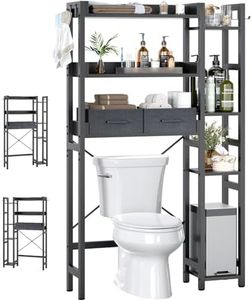 Over The Toilet Storage with 2 Drawers - 7 Tier Bathroom Organizer with Adjustable Shelf, Freestanding Space Saver Storage Rack Above Toilet Stand with 4 Hooks for, Restroom, Laundry, Black