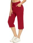 Women Capri Cropped Trousers 3/4 Length Summer Casual Cotton Sport Gym Yoga Jogger Pants Sweatpants Drawstring Tracksuit Bottoms with Side Pockets Wine Red