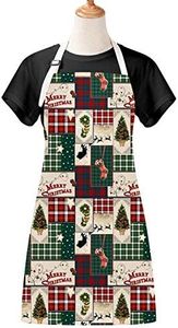 Claswcalor Merry Christmas Farmhouse Apron, Xmas Tree Red Socks Gifts Kitchen Apron with Adjustable Neck Strap, Waterproof Cooking Apron with Topiary Holiday Plaid for Women Men, 27.6" × 31.5"